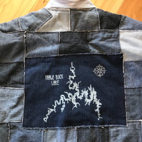 Patchwork Jean Jacket, Men's Size XXL: Upcycled Table Rock Lake Denim Shirt - Picture 12 of 13